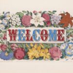 red and blue WELCOME text surrounded by flowers on a beige background